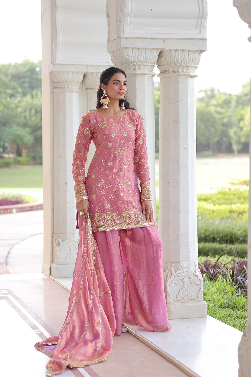 Prazu Fashion Light Pink Fendi Silk Sequins & Zari Embroidered Sharara Suit | Grocsy