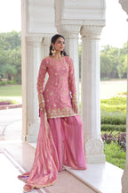 Prazu Fashion Light Pink Fendi Silk Sequins & Zari Embroidered Sharara Suit | Grocsy