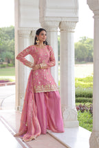 Prazu Fashion Light Pink Fendi Silk Sequins & Zari Embroidered Sharara Suit | Grocsy