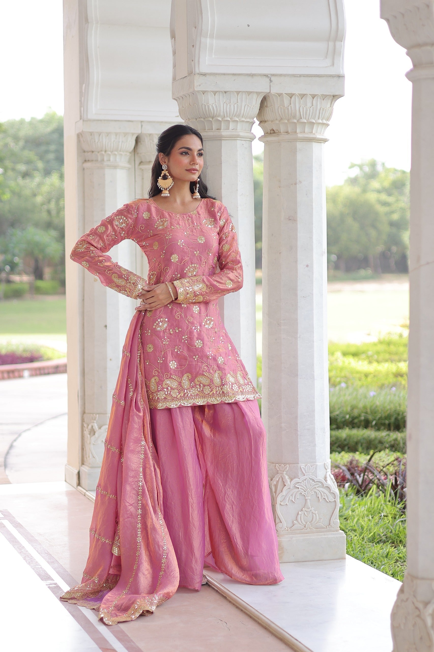Prazu Fashion Light Pink Fendi Silk Sequins & Zari Embroidered Sharara Suit | Grocsy