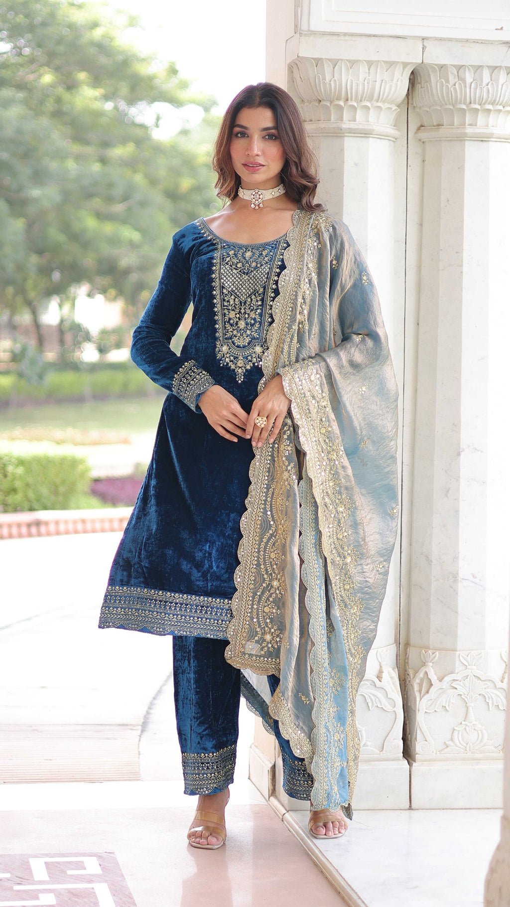 Vedant Vastram Heavy Velvet Embroidery & Sequence Work Stitched Salwar Suit Set-Blue | Grocsy