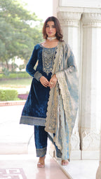 Vedant Vastram Heavy Velvet Embroidery & Sequence Work Stitched Salwar Suit Set-Blue | Grocsy