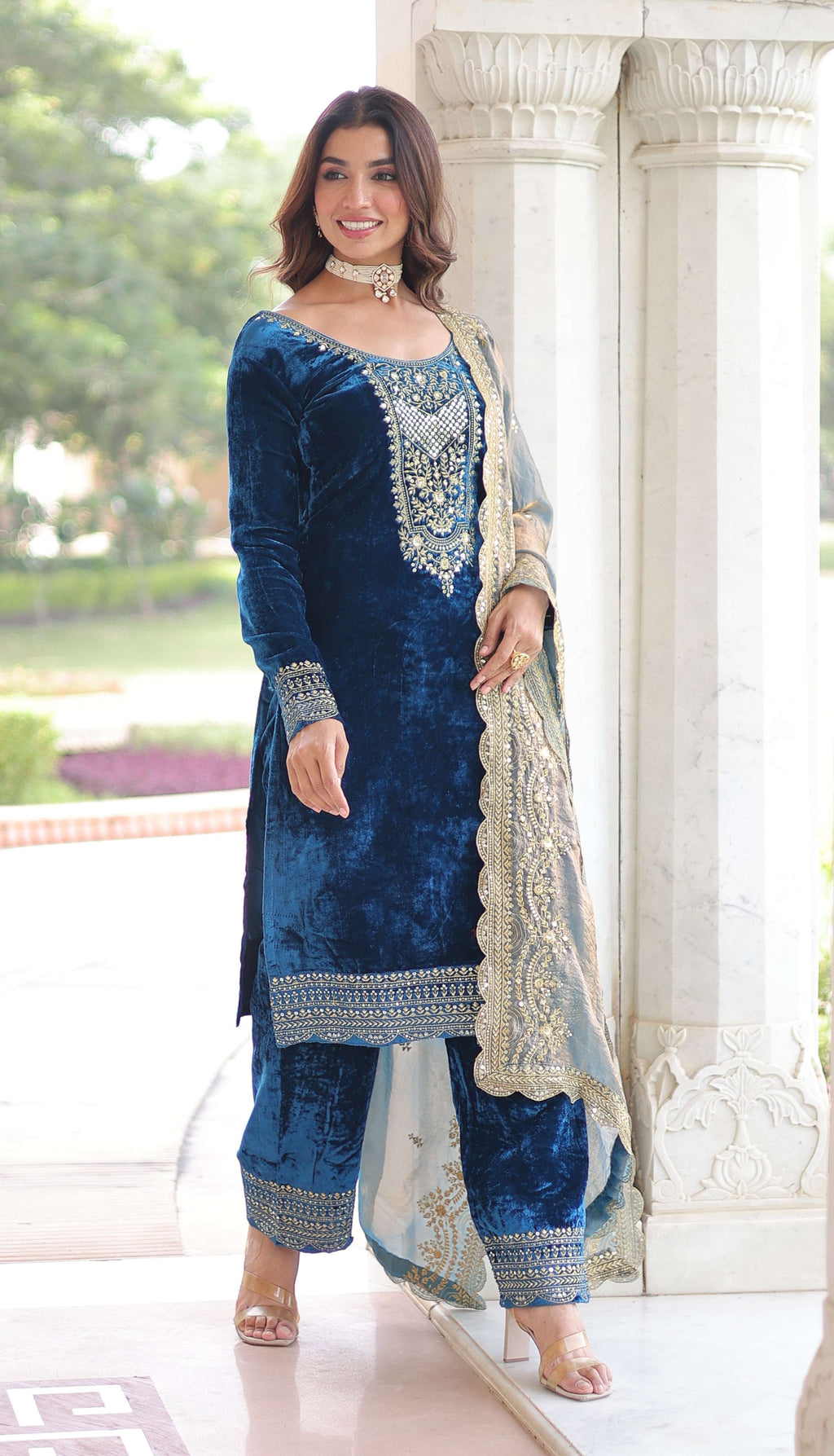 Vedant Vastram Heavy Velvet Embroidery & Sequence Work Stitched Salwar Suit Set-Blue | Grocsy