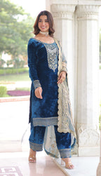 Vedant Vastram Heavy Velvet Embroidery & Sequence Work Stitched Salwar Suit Set-Blue | Grocsy