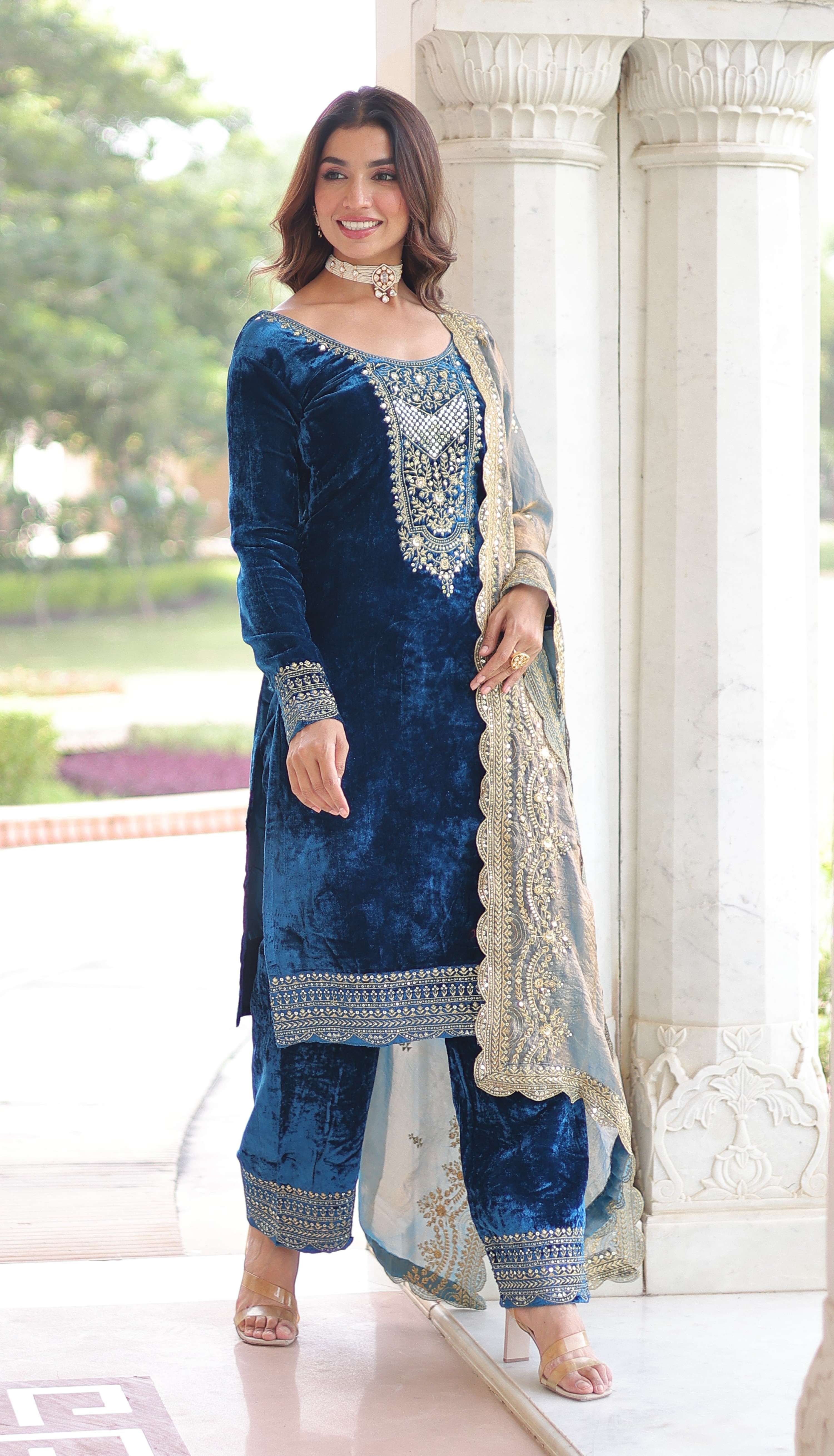 Vedant Vastram Heavy Velvet Embroidery & Sequence Work Stitched Salwar Suit Set-Blue | Grocsy