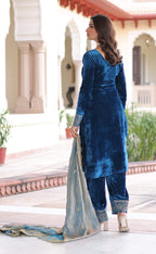 Vedant Vastram Heavy Velvet Embroidery & Sequence Work Stitched Salwar Suit Set-Blue | Grocsy