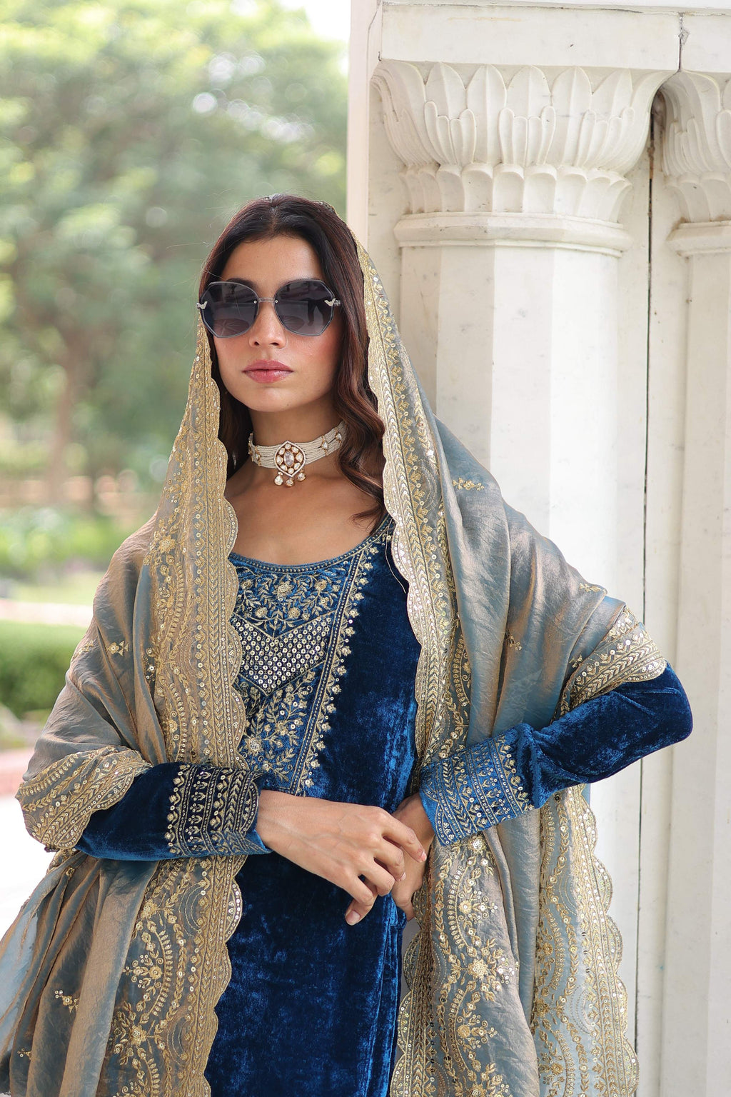 Vedant Vastram Heavy Velvet Embroidery & Sequence Work Stitched Salwar Suit Set-Blue | Grocsy