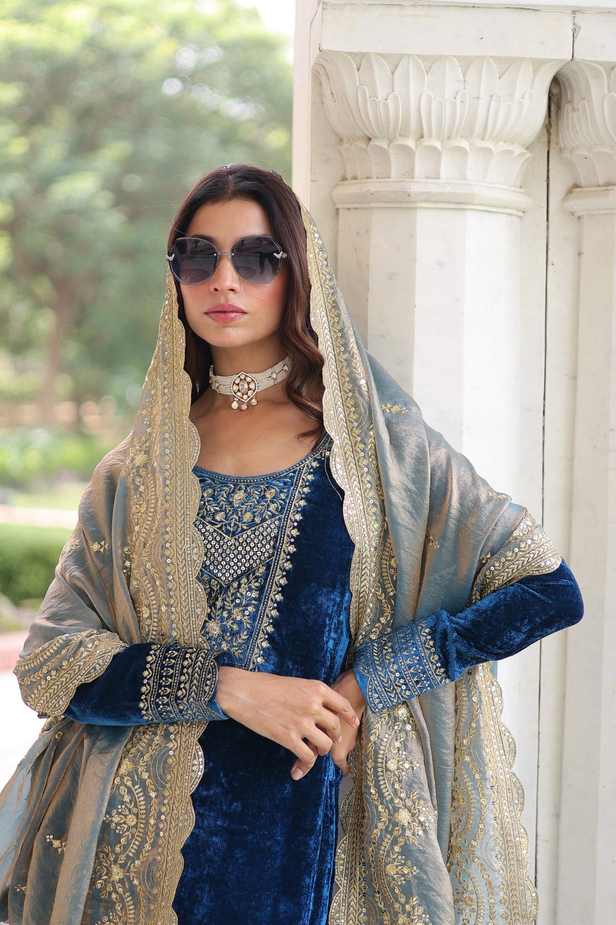 Vedant Vastram Heavy Velvet Embroidery & Sequence Work Stitched Salwar Suit Set-Blue | Grocsy