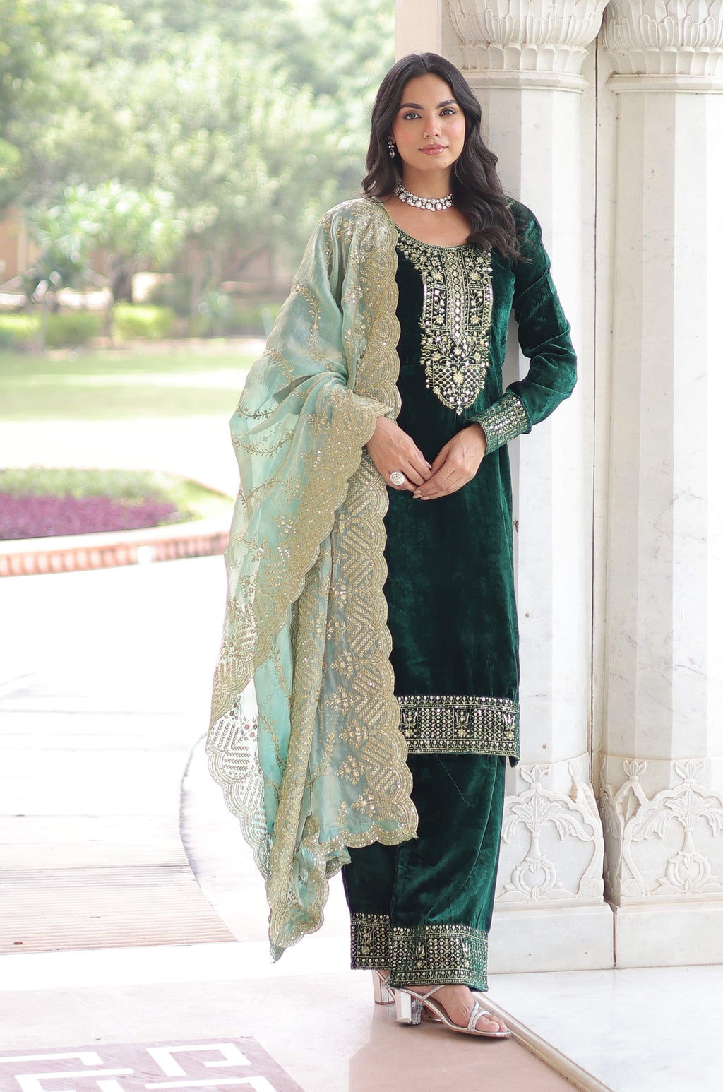 Vedant Vastram Heavy Velvet Embroidery & Sequence Work Stitched Salwar Suit Set-Green | Grocsy
