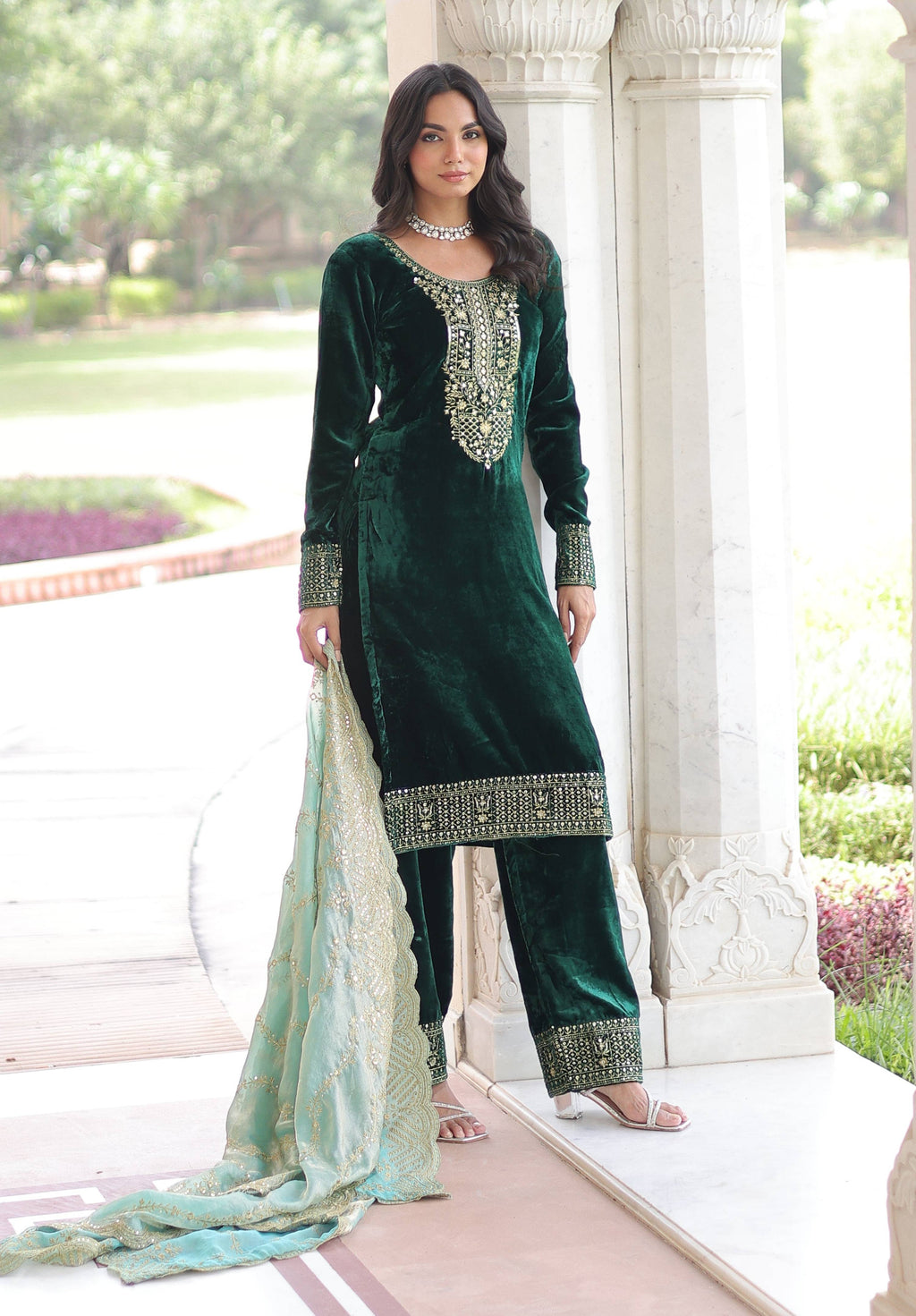 Vedant Vastram Heavy Velvet Embroidery & Sequence Work Stitched Salwar Suit Set-Green | Grocsy