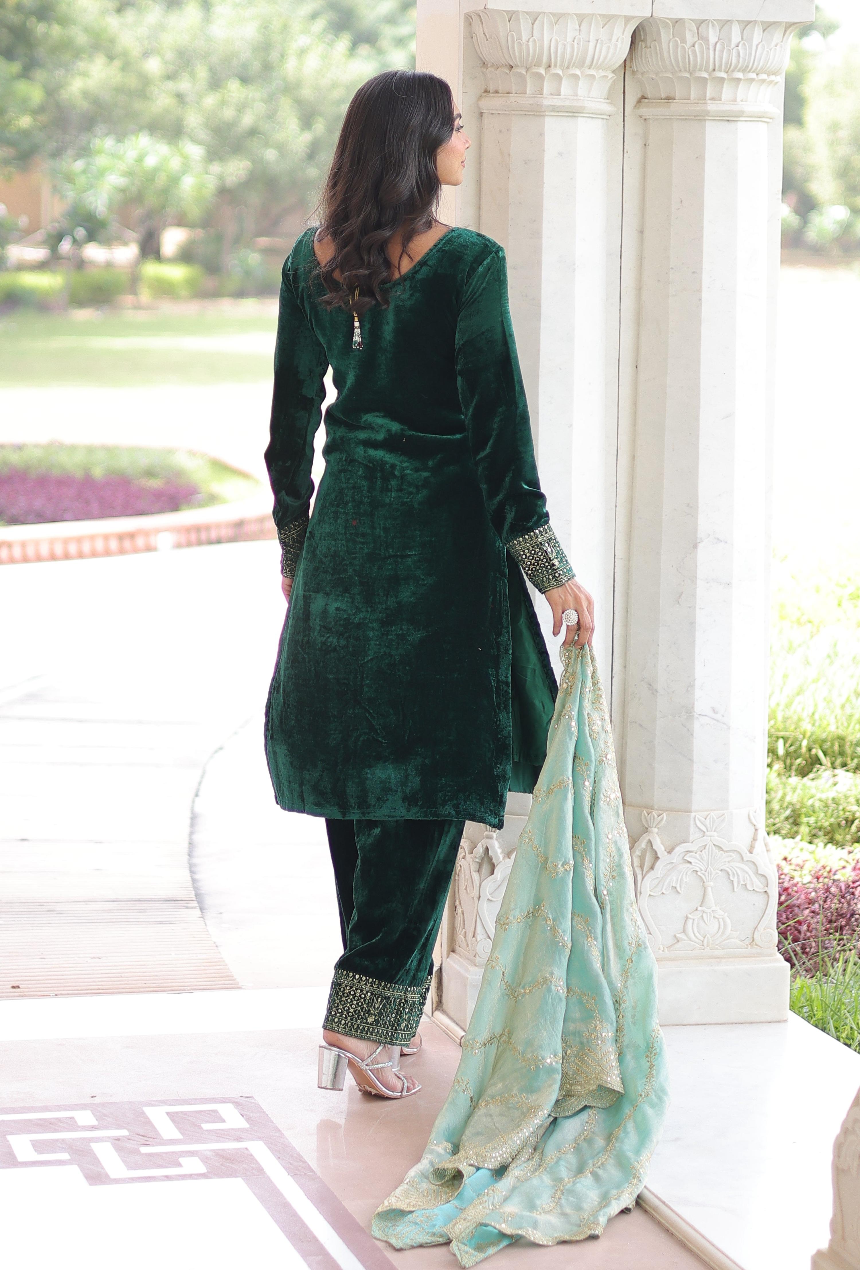 Vedant Vastram Heavy Velvet Embroidery & Sequence Work Stitched Salwar Suit Set-Green | Grocsy