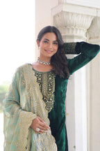 Vedant Vastram Heavy Velvet Embroidery & Sequence Work Stitched Salwar Suit Set-Green | Grocsy