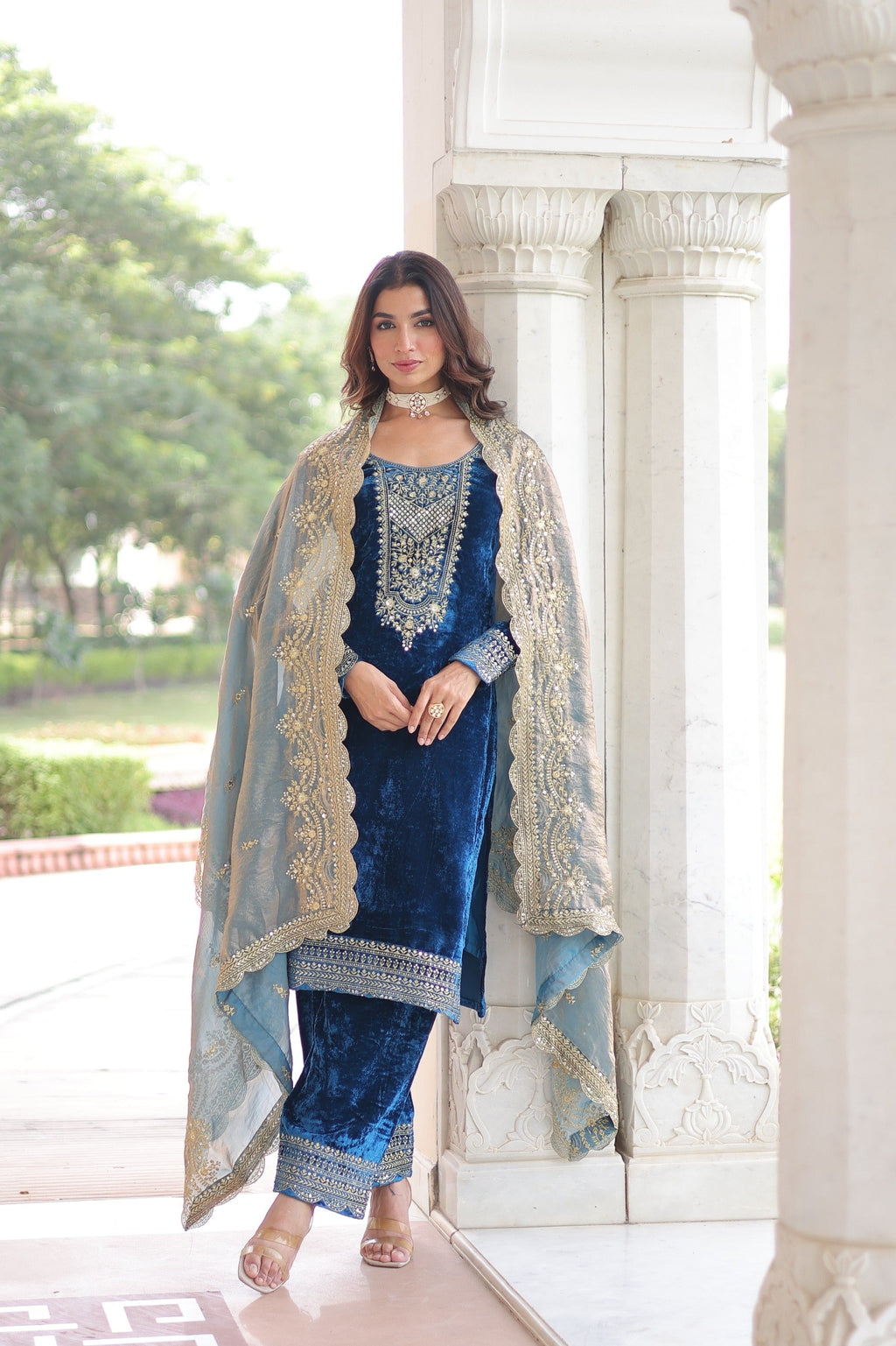 Prazu Fashion Blue Velvet Rich Sequins & Zari Embroidered Work Salwar Suit | Grocsy