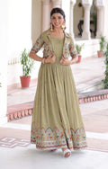 Vedant Vastram Vichitra Silk Embroidery & Sequence Work Stitched Ethnic Gown-Pista | Grocsy