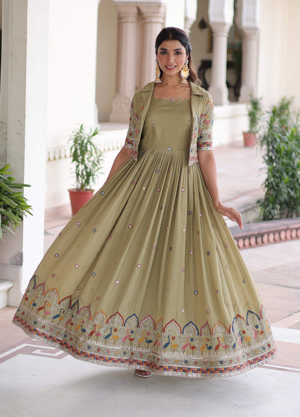 Vedant Vastram Vichitra Silk Embroidery & Sequence Work Stitched Ethnic Gown-Pista | Grocsy