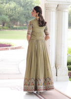 Vedant Vastram Vichitra Silk Embroidery & Sequence Work Stitched Ethnic Gown-Pista | Grocsy