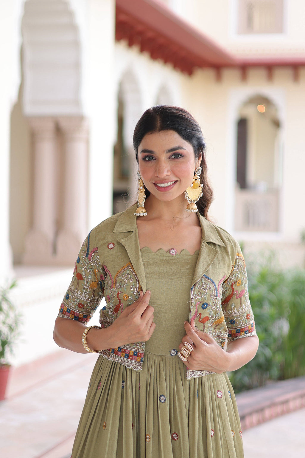 Vedant Vastram Vichitra Silk Embroidery & Sequence Work Stitched Ethnic Gown-Pista | Grocsy