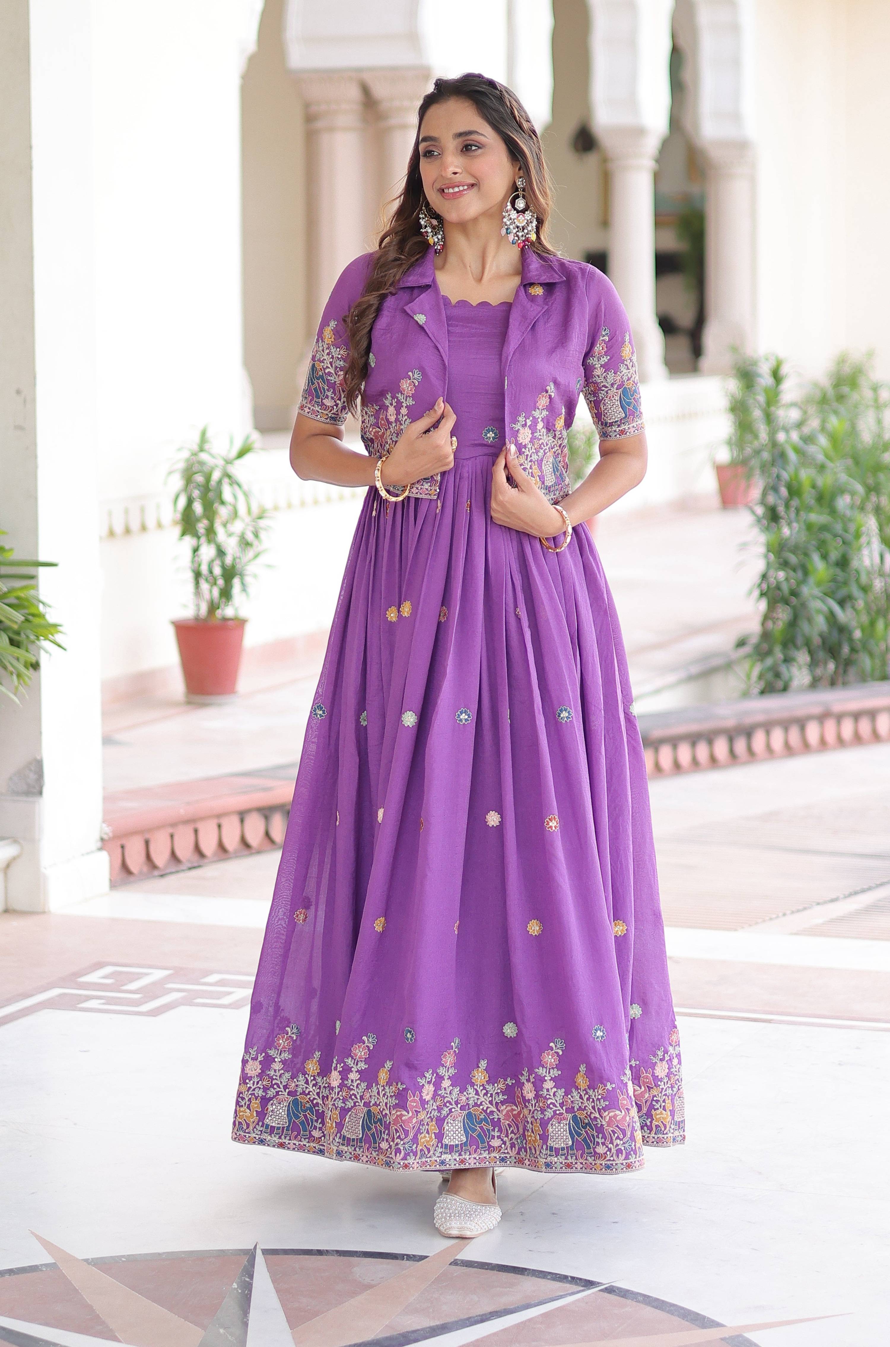 Vedant Vastram Vichitra Silk Embroidery & Sequence Work Stitched Ethnic Gown-Purple | Grocsy