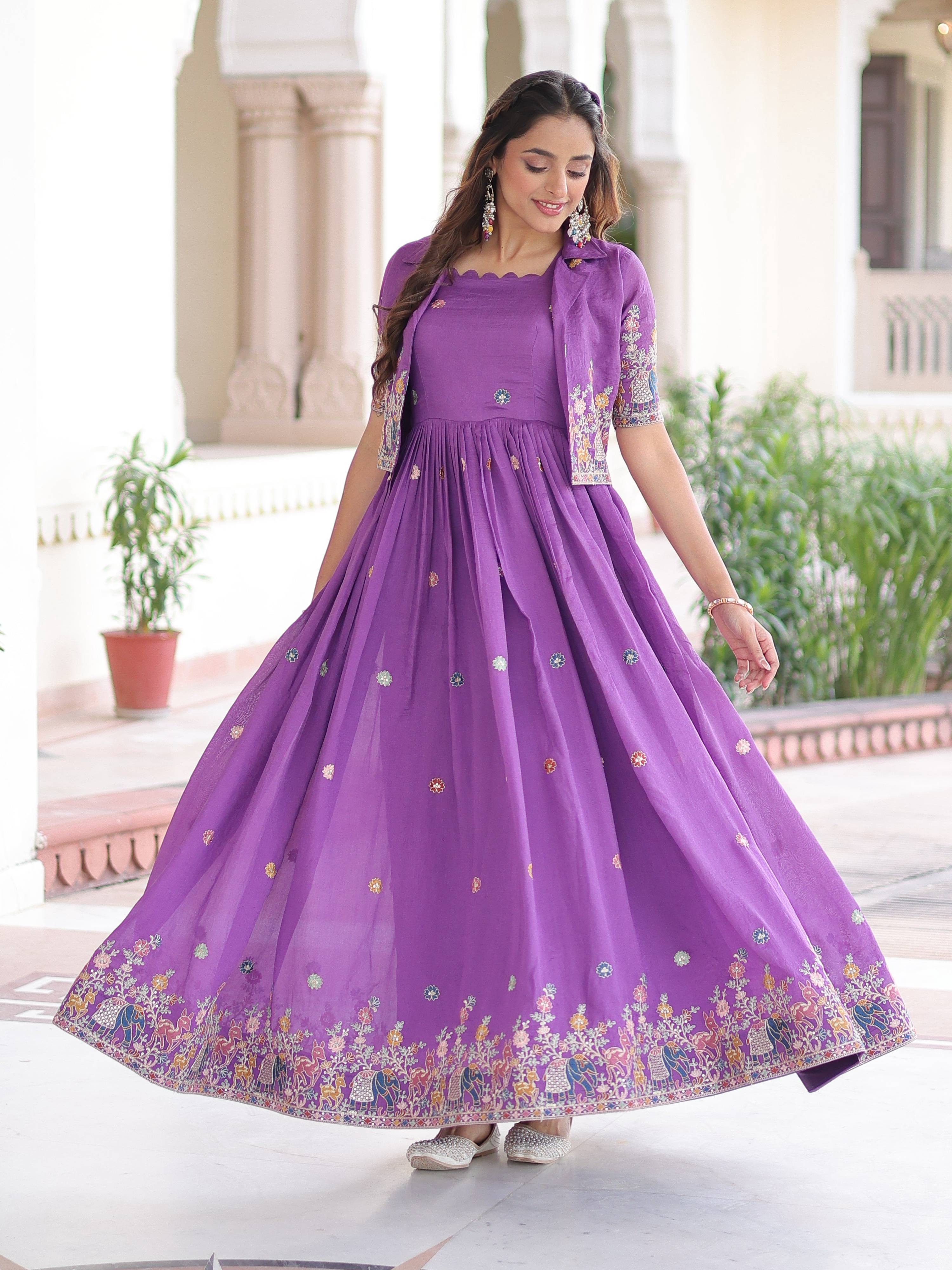 Vedant Vastram Vichitra Silk Embroidery & Sequence Work Stitched Ethnic Gown-Purple | Grocsy