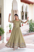 Prazu Fashion Olive Green Vichitra Silk With Sequins, Zari & Thread Gown With Koti | Grocsy