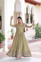 Prazu Fashion Olive Green Vichitra Silk With Sequins, Zari & Thread Gown With Koti | Grocsy