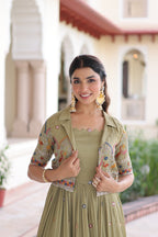 Prazu Fashion Olive Green Vichitra Silk With Sequins, Zari & Thread Gown With Koti | Grocsy