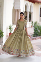 Prazu Fashion Olive Green Vichitra Silk With Sequins, Zari & Thread Gown With Koti | Grocsy