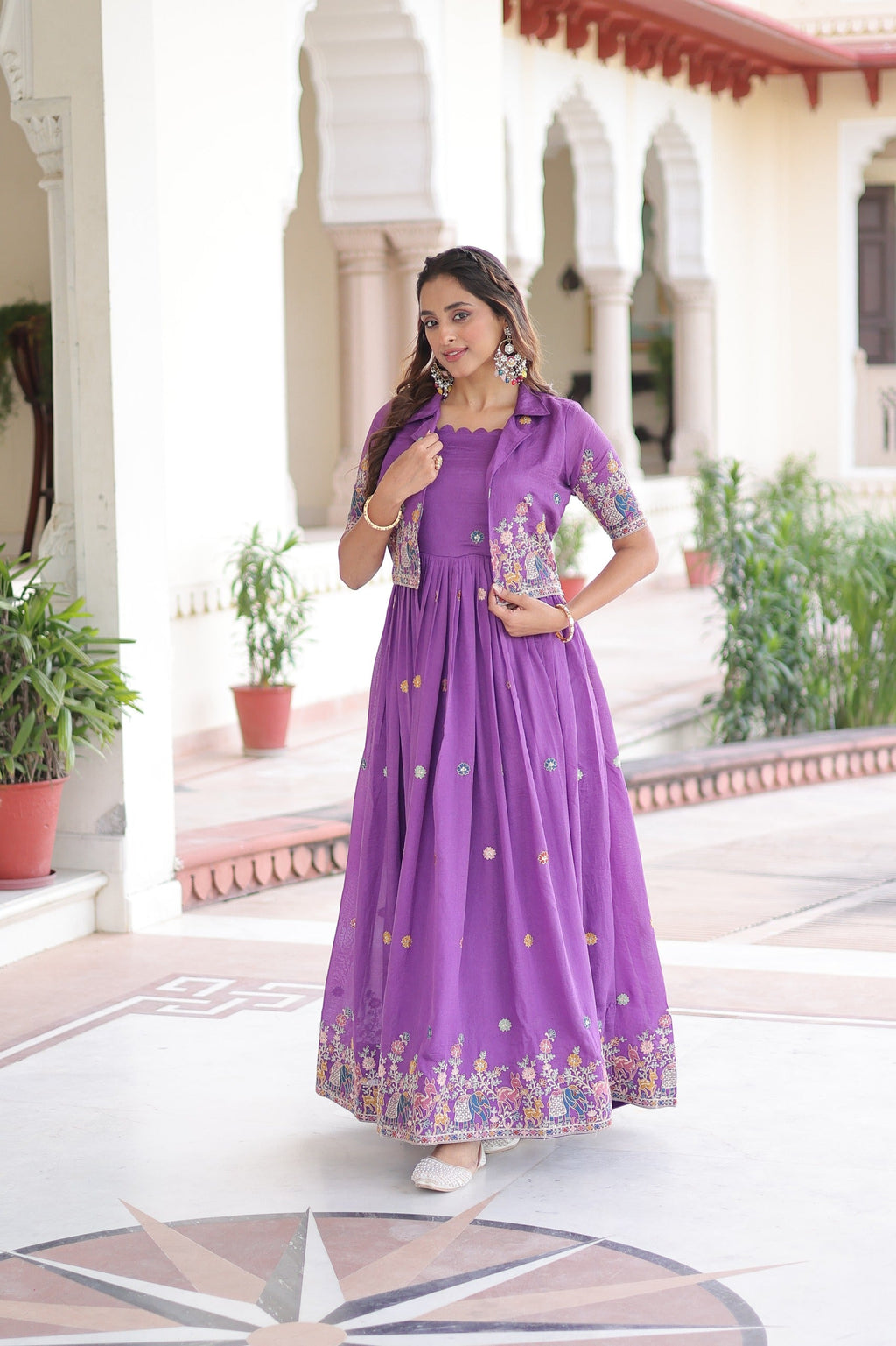 Prazu Fashion Purple Vichitra Silk With Sequins, Zari & Thread Gown With Koti | Grocsy