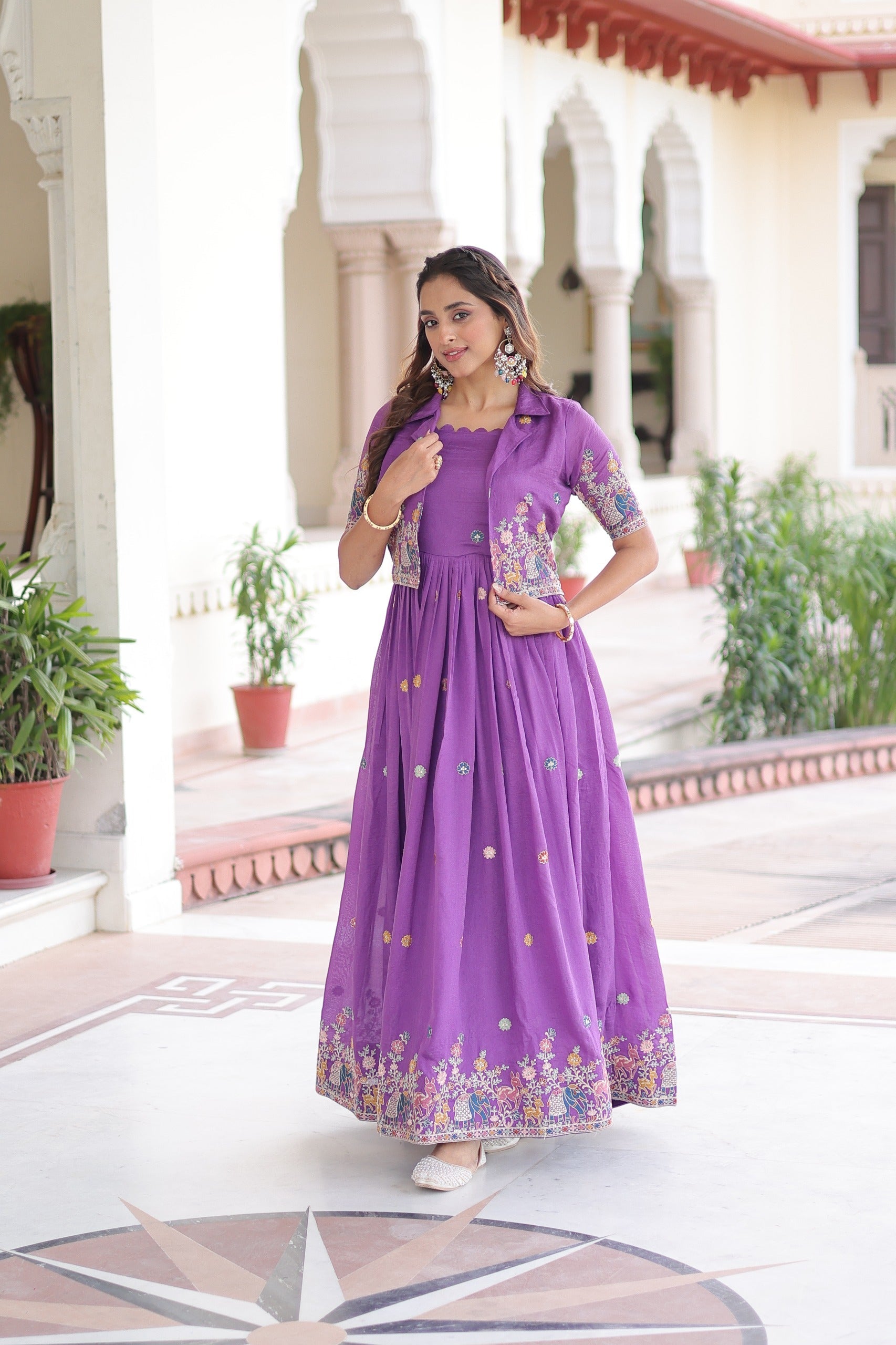 Prazu Fashion Purple Vichitra Silk With Sequins, Zari & Thread Gown With Koti | Grocsy