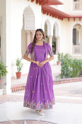 Prazu Fashion Purple Vichitra Silk With Sequins, Zari & Thread Gown With Koti | Grocsy