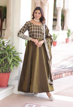 Vedant Vastram Vichitra Silk Embroidery & Sequence Work Stitched Ethnic Gown-Mahendi | Grocsy