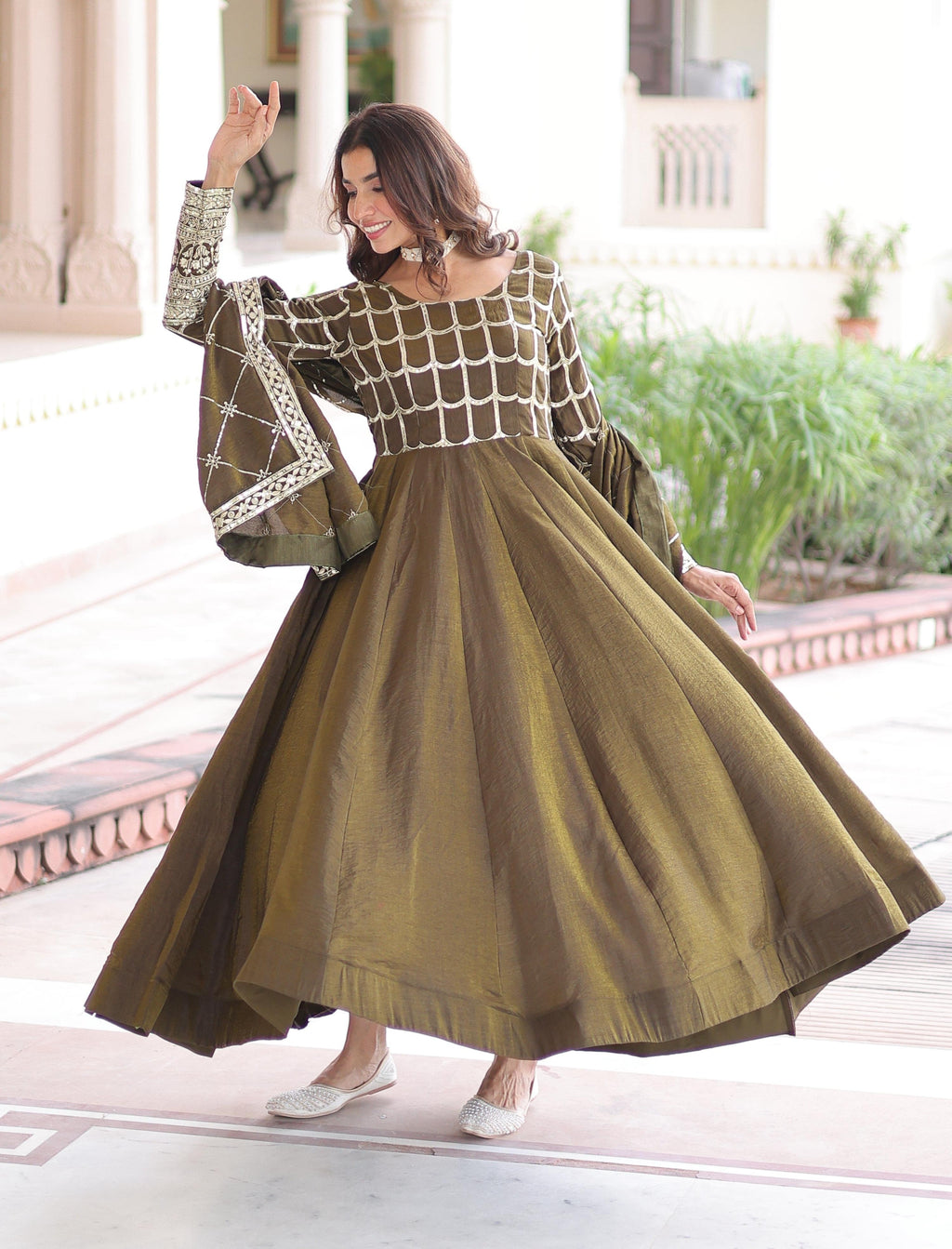Vedant Vastram Vichitra Silk Embroidery & Sequence Work Stitched Ethnic Gown-Mahendi | Grocsy