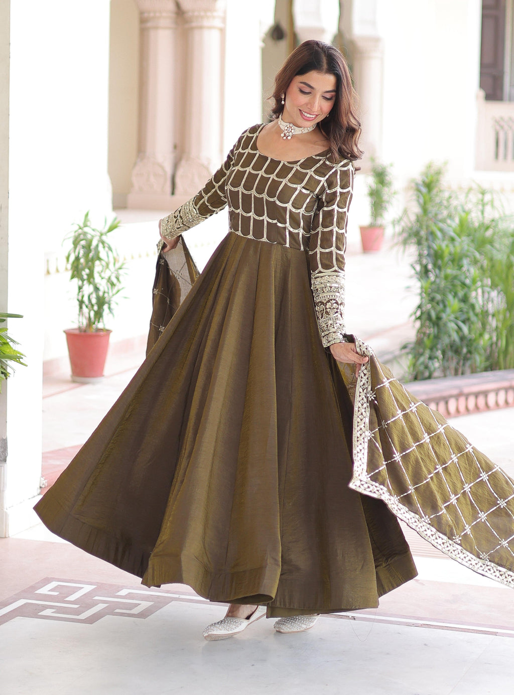 Vedant Vastram Vichitra Silk Embroidery & Sequence Work Stitched Ethnic Gown-Mahendi | Grocsy