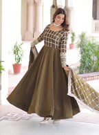 Vedant Vastram Vichitra Silk Embroidery & Sequence Work Stitched Ethnic Gown-Mahendi | Grocsy