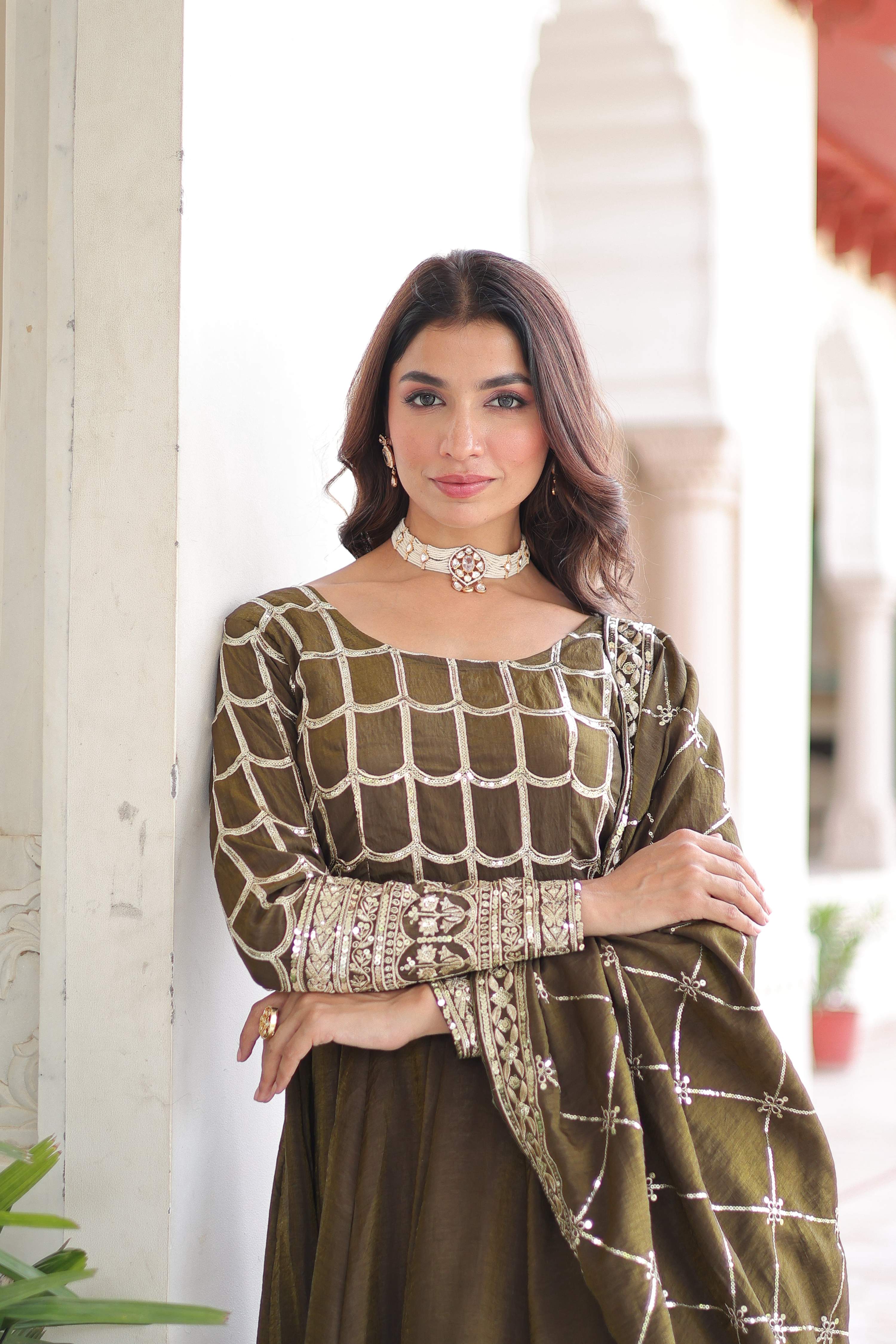 Vedant Vastram Vichitra Silk Embroidery & Sequence Work Stitched Ethnic Gown-Mahendi | Grocsy