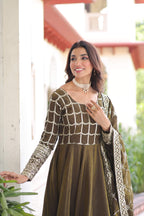 Vedant Vastram Vichitra Silk Embroidery & Sequence Work Stitched Ethnic Gown-Mahendi | Grocsy
