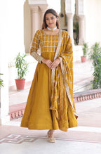 Vedant Vastram Vichitra Silk Embroidery & Sequence Work Stitched Ethnic Gown-Yellow | Grocsy