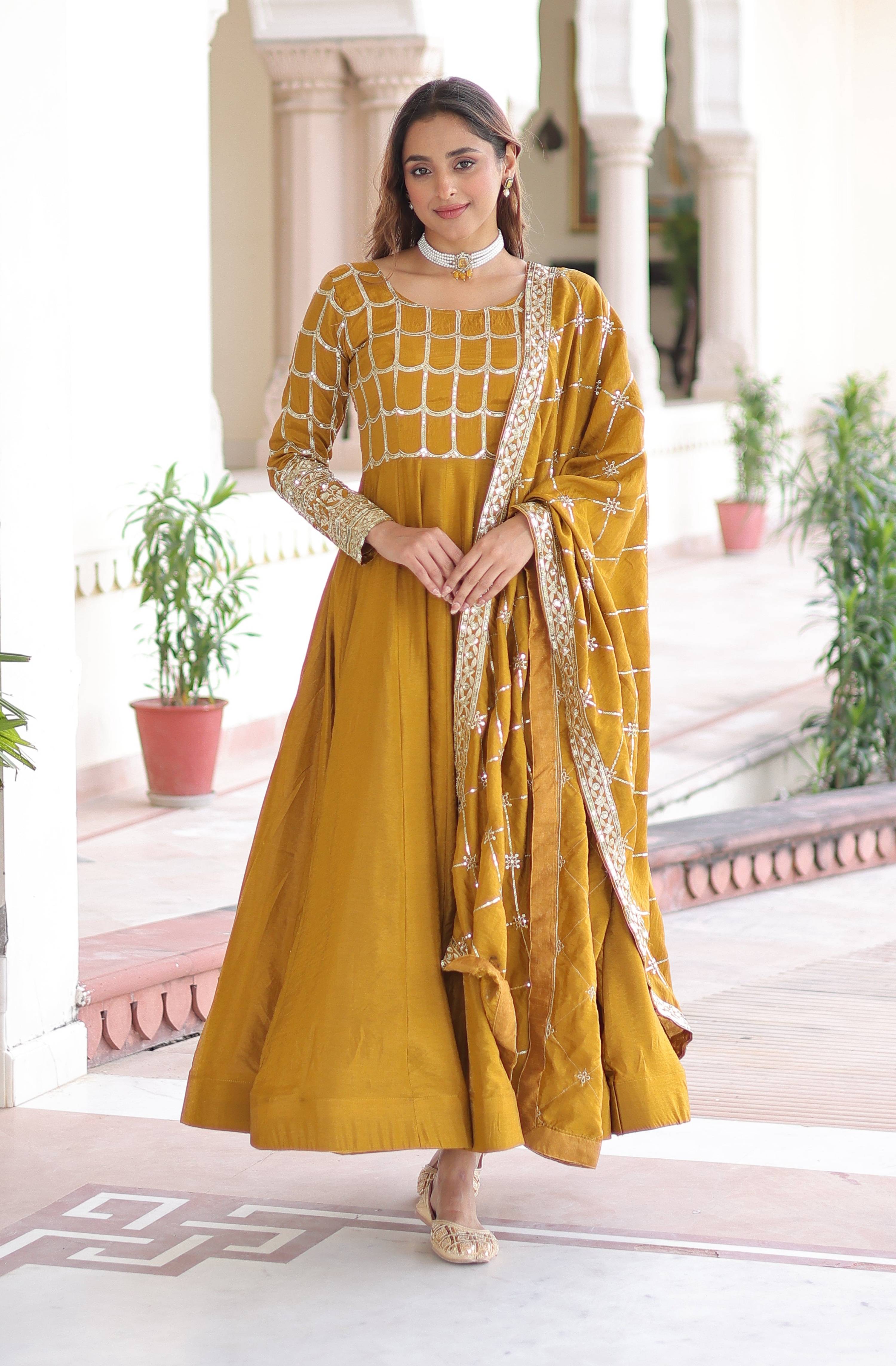 Vedant Vastram Vichitra Silk Embroidery & Sequence Work Stitched Ethnic Gown-Yellow | Grocsy