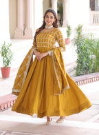 Vedant Vastram Vichitra Silk Embroidery & Sequence Work Stitched Ethnic Gown-Yellow | Grocsy