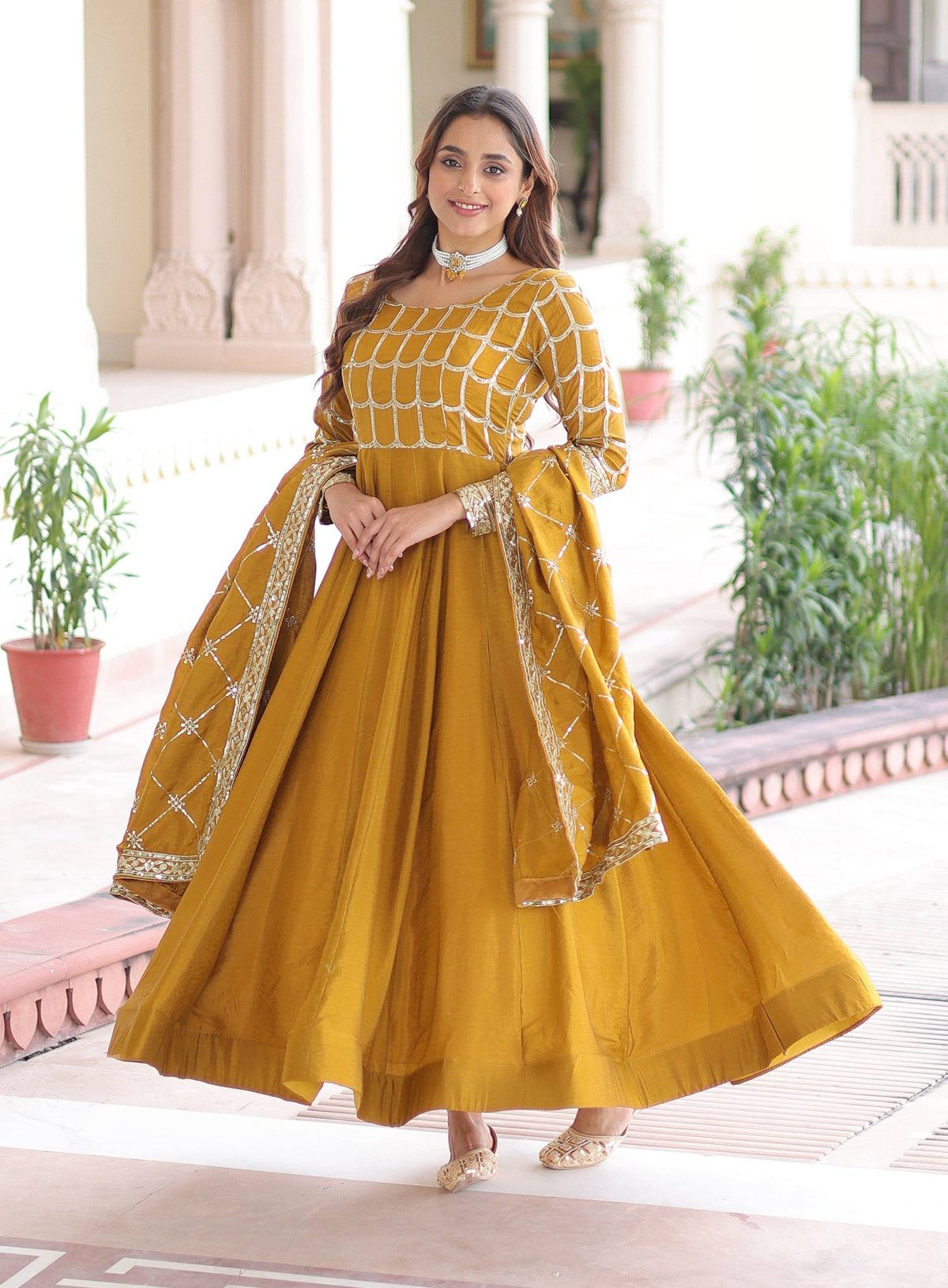 Vedant Vastram Vichitra Silk Embroidery & Sequence Work Stitched Ethnic Gown-Yellow | Grocsy