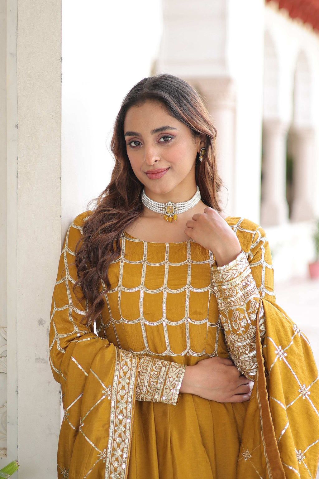 Vedant Vastram Vichitra Silk Embroidery & Sequence Work Stitched Ethnic Gown-Yellow | Grocsy