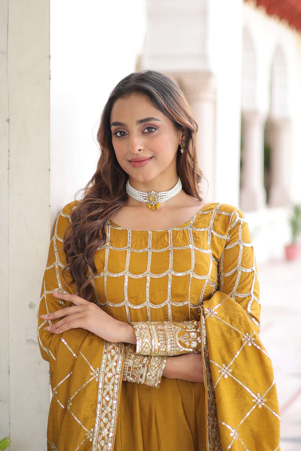 Vedant Vastram Vichitra Silk Embroidery & Sequence Work Stitched Ethnic Gown-Yellow | Grocsy