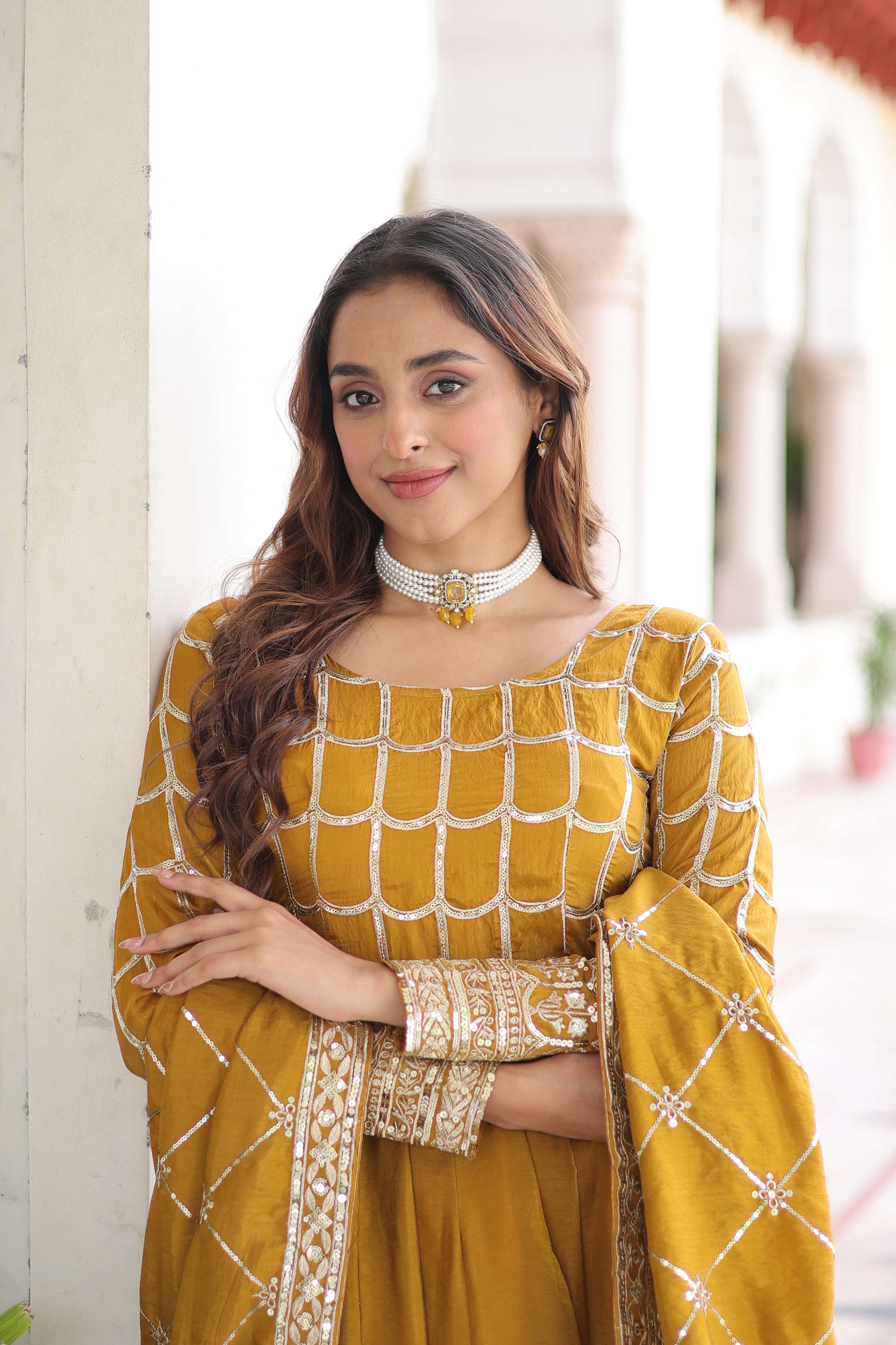 Vedant Vastram Vichitra Silk Embroidery & Sequence Work Stitched Ethnic Gown-Yellow | Grocsy