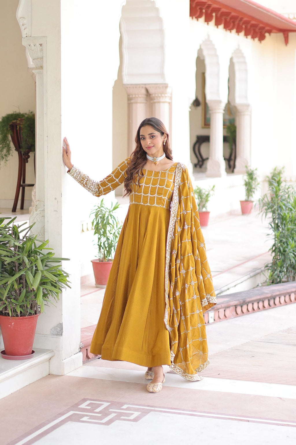 Prazu Fashion Mustard Vichitra Silk Rich Sequins & Zari Embroidered Gown With Dupatta | Grocsy