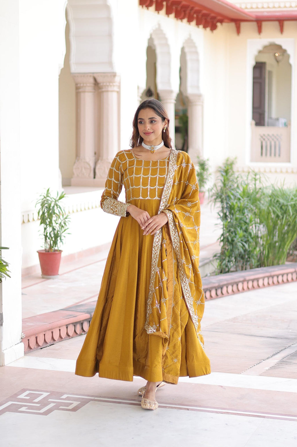 Prazu Fashion Mustard Vichitra Silk Rich Sequins & Zari Embroidered Gown With Dupatta | Grocsy