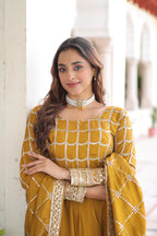 Prazu Fashion Mustard Vichitra Silk Rich Sequins & Zari Embroidered Gown With Dupatta | Grocsy