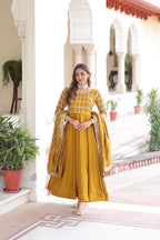 Prazu Fashion Mustard Vichitra Silk Rich Sequins & Zari Embroidered Gown With Dupatta | Grocsy