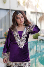 Vedant Vastram Heavy Velvet Embroidery & Mirror Work Stitched Ethnic Palazzo Set-Purple | Grocsy