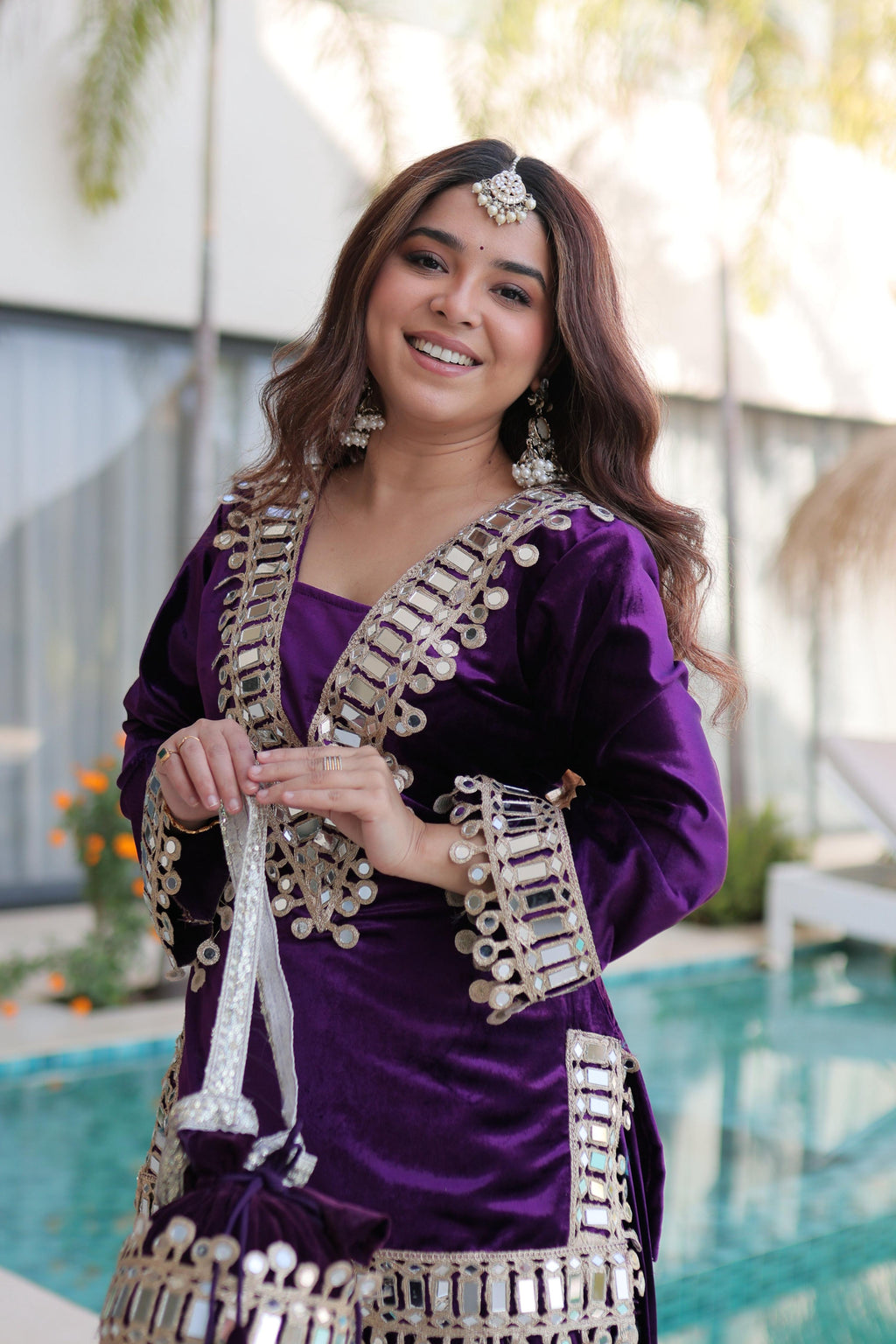 Vedant Vastram Heavy Velvet Embroidery & Mirror Work Stitched Ethnic Palazzo Set-Purple | Grocsy