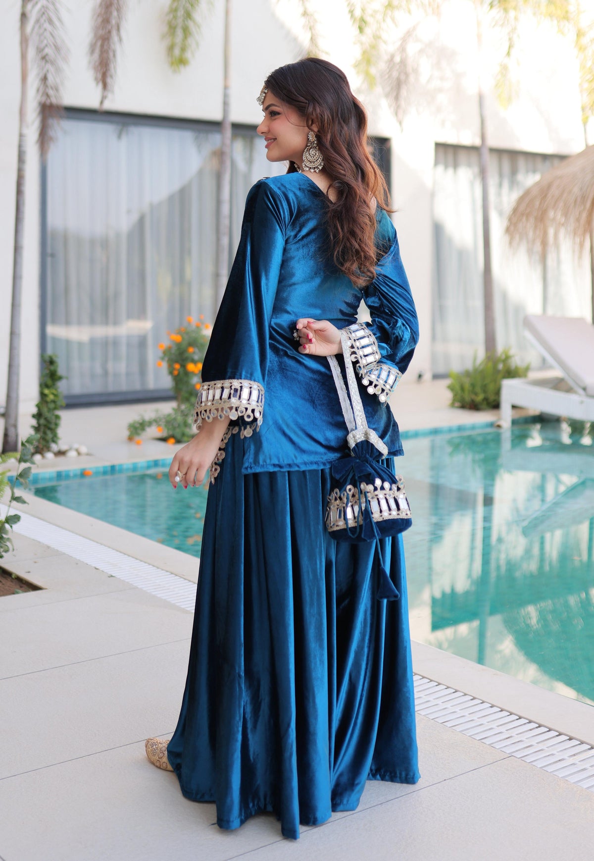 Vedant Vastram Heavy Velvet Embroidery & Mirror Work Stitched Ethnic Palazzo Set-Rama | Grocsy